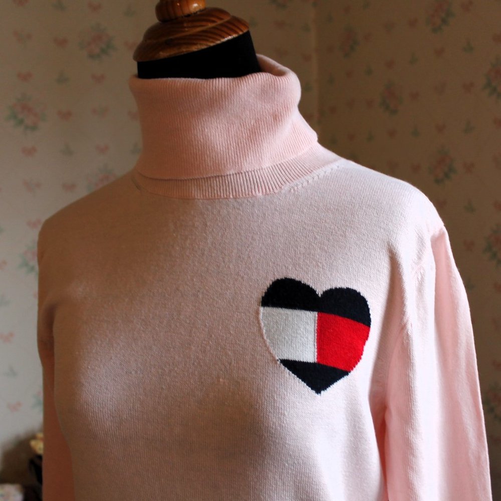 Tommy Hilfiger Pink Turtleneck, Heart Logo, Valentine Sweater, Small - Picture 10 of 10